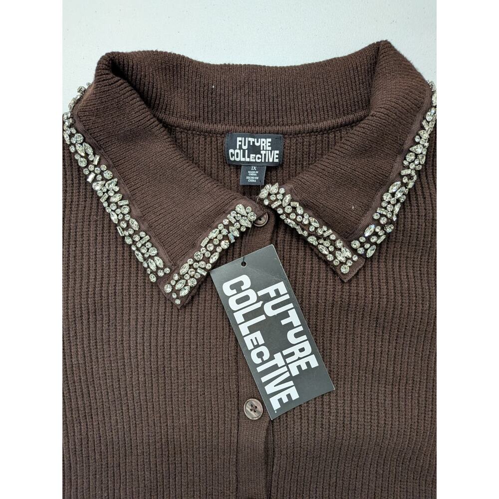 Future Collective Brown Ribbed Cardigan Rhinestone Collar Button Up NWT - Picture 2 of 7